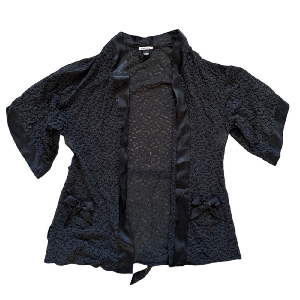 Victoria’s Secret black lace robe with bow details 
Size S